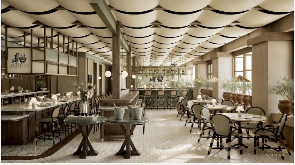 A rendering shows the inside of Gusto Group's forthcoming SeaSpice concept. However ownership says details in the image are subject to change. 