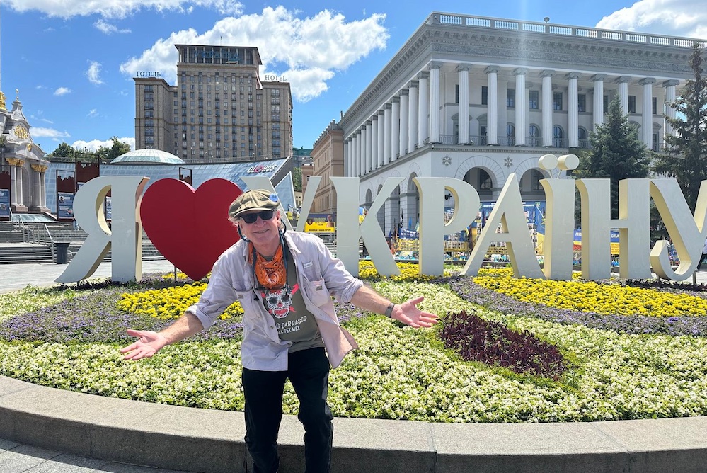 Joe “King” Carrasco poses during a stop on his tour of war-torn Ukraine.