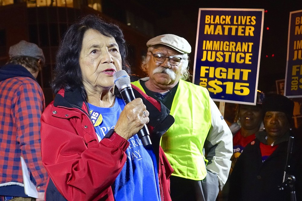 UFW co-founder Dolores Huerta speaks at an anti-GOP protest in Milwaukee.