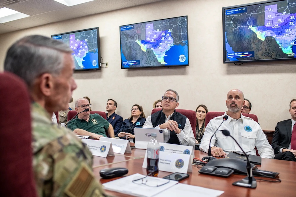 ERCOT CEO Pablo Vegas and Texas Public Utility Commission Chairman Thomas Gleeson attend a briefing on an incoming winter storm on Jan 22, 2026, in Austin.