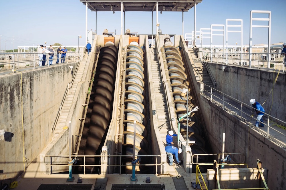 The Archimedes screw pump is used for moving water and sludge, from a lower to a higher elevation. Wastewater treatment process at SAWS’ Steven M. Clouse Water Recycling Center in San Antonio on Aug. 23, 2024.